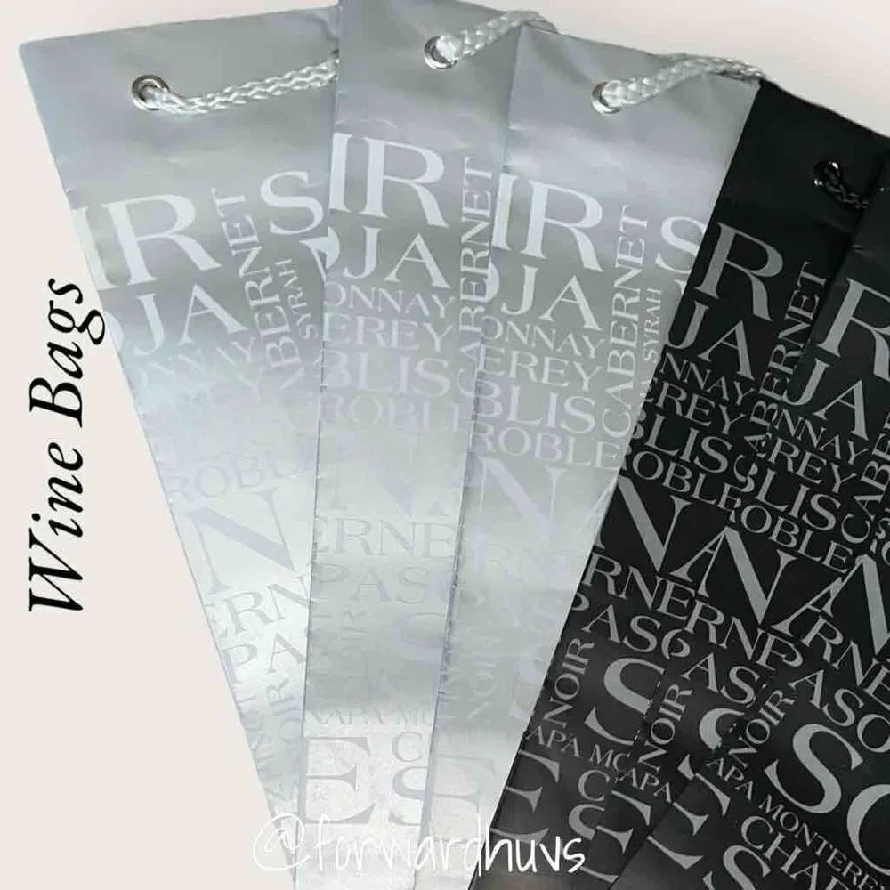 Wine Bottle Gift Bags (3) Black and (3) Silver with Tissue Paper